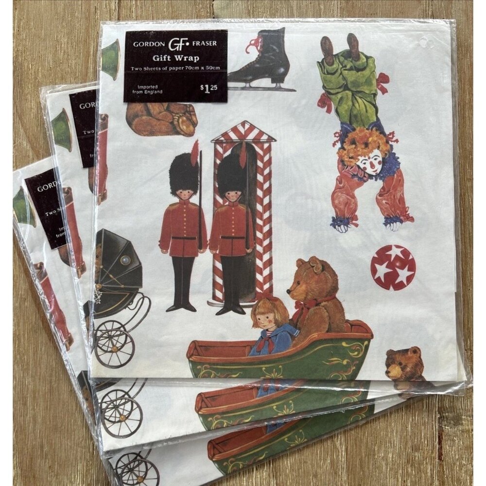 3 - Vintage Gordon Fraser Gift Wrap Paper Sheets Classic Christmas Theme Toys UK